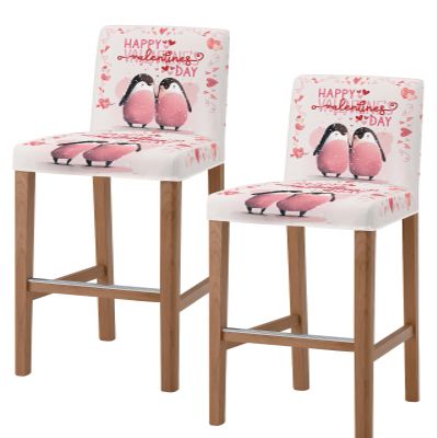 Anzona Pink Penguins Valentine's Day Bar Stool Cover Set of 2, Red Love Heart Stretch Bar Chair Cover, Removable Washable Pub Counter Stool Chair Slipcover for Kitchen Dining Room Pub Cafe