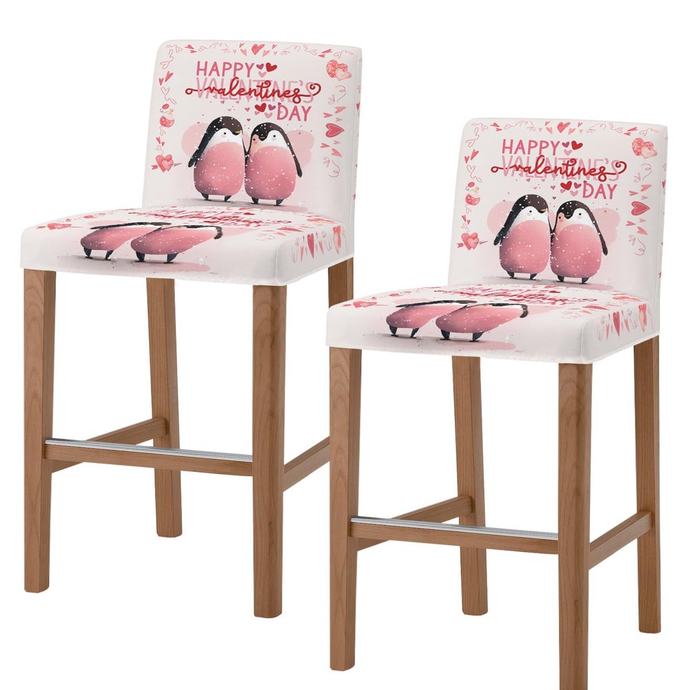Anzona Pink Penguins Valentine's Day Bar Stool Cover Set of 2, Red Love Heart Stretch Bar Chair Cover, Removable Washable Pub Counter Stool Chair Slipcover for Kitchen Dining Room Pub Cafe
