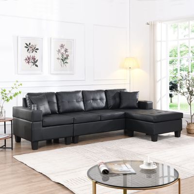 Sectional Sofa Set for Living Room with L Shape Chaise Lounge,Cup Holder and Left or Right Hand Chaise Modern 4 Seat (Black)