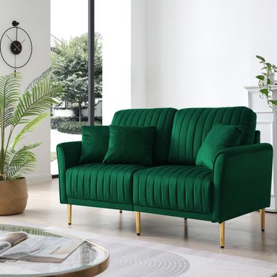 2-Seater Sofa Couch with Channel Tufted on Back and Seat Cushions, Two Throw Pillows, Velvet Green