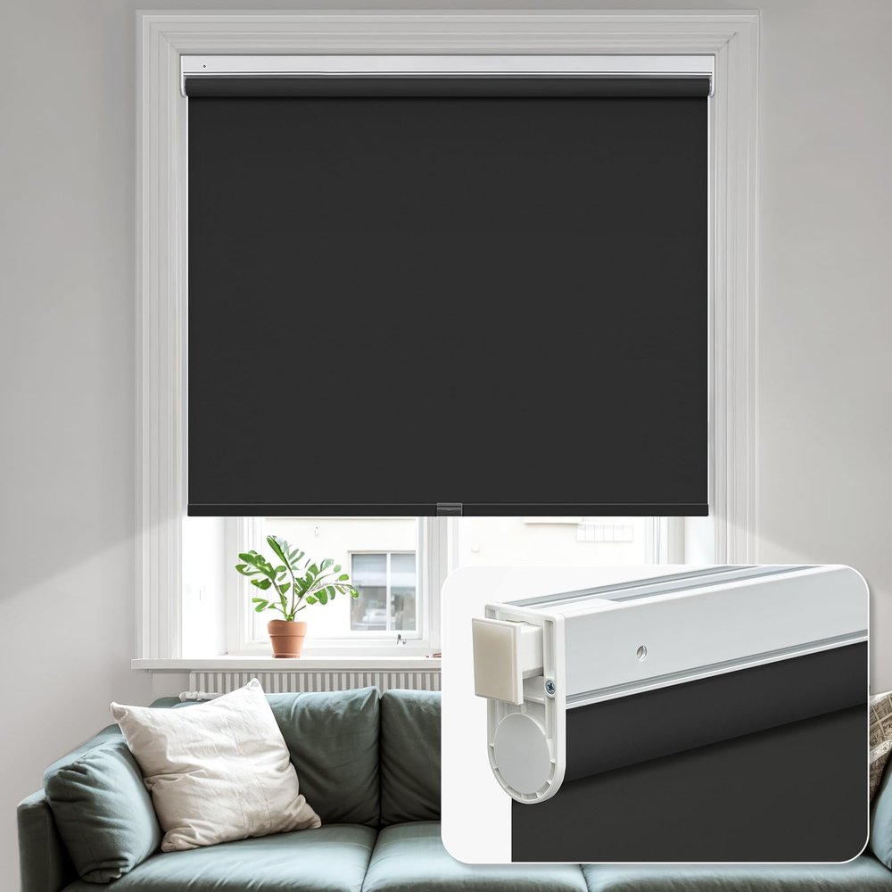 MiLin No Tools No Drill Cordless Roller Shades 100% Blackout Roller Windows Shades Thermal Insulated Reduce Noise Privacy Window Rolling Blinds for Windows and Office (Black, 68 1/2" W x 48" H)