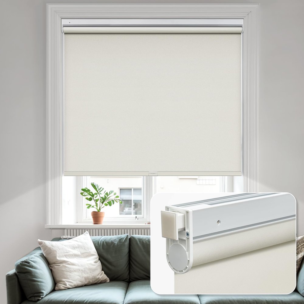 MiLin No Tools No Drill Cordless Roller Shades 100% Blackout Roller Windows Shades Thermal Insulated Reduce Noise Privacy Window Rolling Blinds for Windows and Office (Beige, 32" W x 64" H)