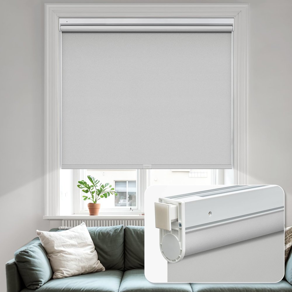 MiLin No Tools No Drill Cordless Roller Shades 100% Blackout Roller Windows Shades Thermal Insulated Reduce Noise Privacy Window Rolling Blinds for Windows and Office (Light Grey, 64 1/4" W x 48" H)