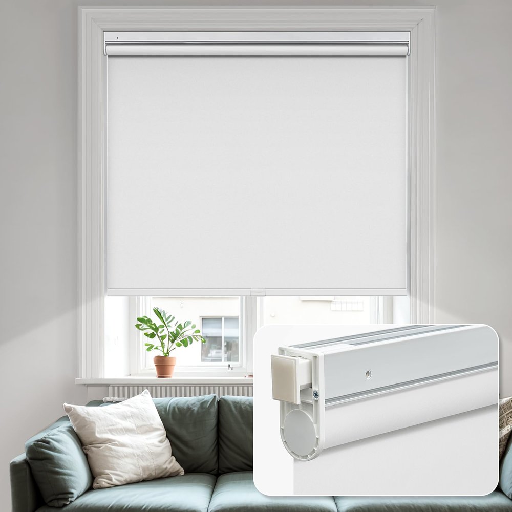 MiLin No Tools No Drill Cordless Roller Shades 100% Blackout Roller Windows Shades Thermal Insulated Reduce Noise Privacy Window Rolling Blinds for Windows and Office (White, 27 1/2" W x 48" H)
