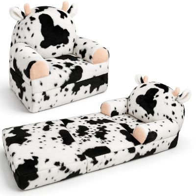 QIUODO Toddler Chair with Faux Rabbit Fur 2-in-1 Foldable Kids Couch, Soft Sofa for Reading, Bedroom or Playroom Use, Ages 1-3Cow