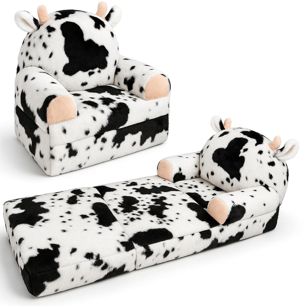 QIUODO Toddler Chair with Faux Rabbit Fur 2-in-1 Foldable Kids Couch, Soft Sofa for Reading, Bedroom or Playroom Use, Ages 1-3Cow