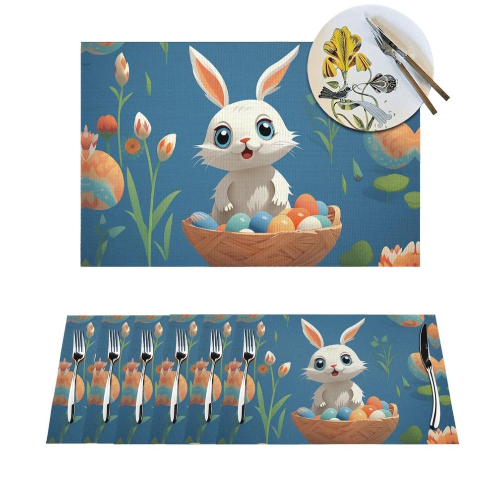 1 PVC Placemats Set Place Mats Cute Easter Bunny Non-Slip Weave Place Mats 12" x 18" Farmhouse Table Mat Set for Family Dinners Wedding Parties