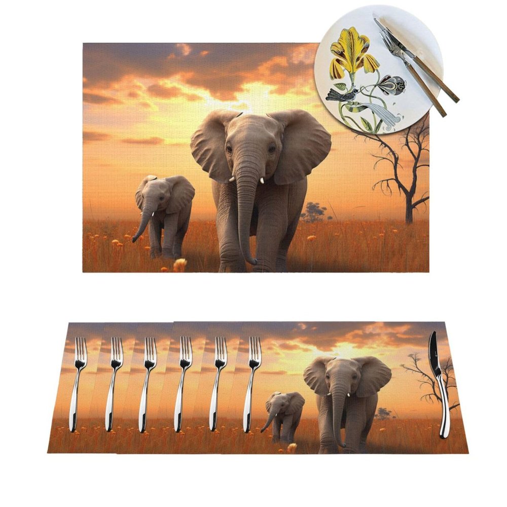 1 PVC Placemats Set Place Mats Cute Wild Elephant Non-Slip Weave Place Mats 12" x 18" Farmhouse Table Mat Set for Family Dinners Wedding Parties