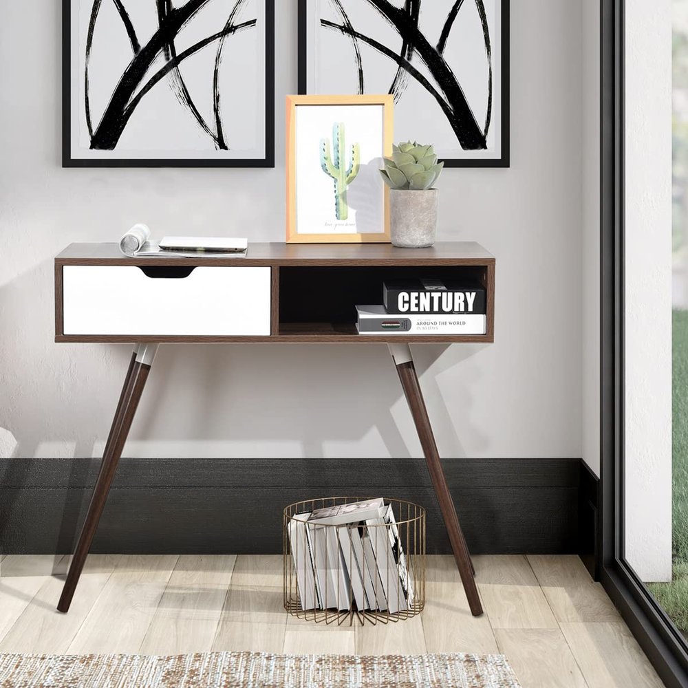 35.4" Writing Computer Desk with Drawer, Walnut & White