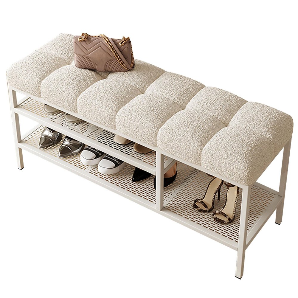 LXURY 2 Tier Shoe Rack Bench with Metal Frame, Upholstered Lambswool Shoe Storage Organizer for Entryway, Hallway, Living Room, Mudroom, Doorway, White, 60cm/23.6in