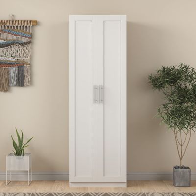 High Wardrobe and Kitchen Cabinet with 2 Doors and 3 partitions to Separate 4 Storage Spaces, White