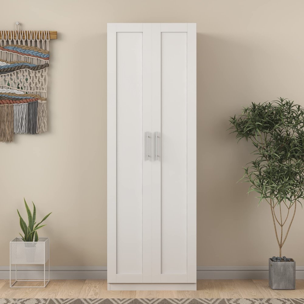 High Wardrobe and Kitchen Cabinet with 2 Doors and 3 partitions to Separate 4 Storage Spaces, White