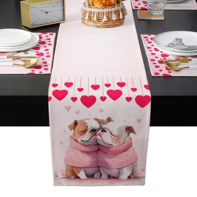 Valentine's Day Table Runner and Placemats Set of 4 Red Love Heart Dog Kissing Pink Scarf Cotton Linen Dining Table Runner 70 Inch and Washable Table Mats 4 Pcs Kits for Home Kitchen Decor