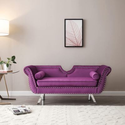 61" Width Modern Accent Velvet Upholstered Loveseat Settee Nailhead Trimming Curved Backrest Rolled Arms Couch with Removable Cushion Silver Metal Legs Living Room Set,Purple