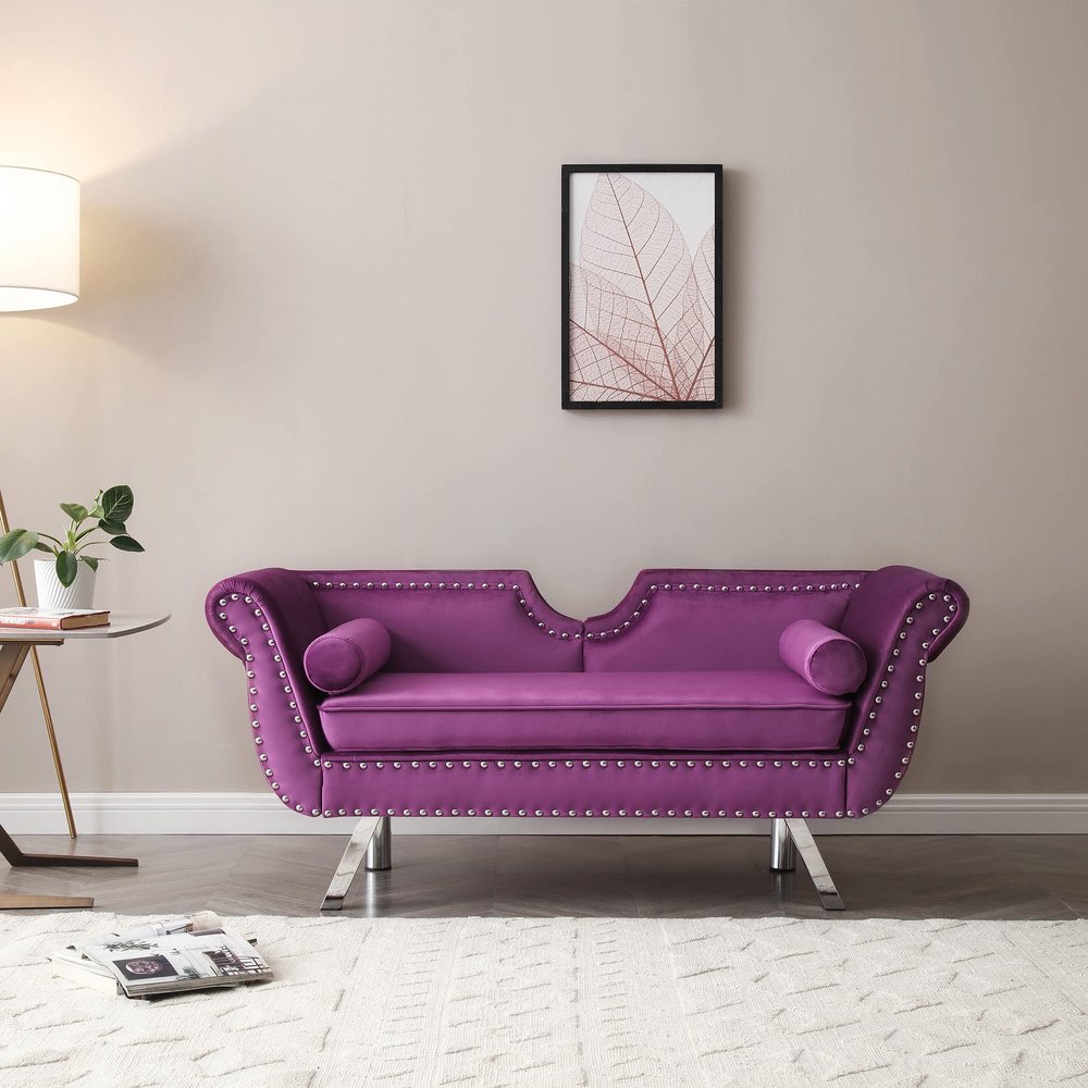 61" Width Modern Accent Velvet Upholstered Loveseat Settee Nailhead Trimming Curved Backrest Rolled Arms Couch with Removable Cushion Silver Metal Legs Living Room Set,Purple