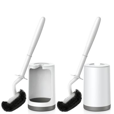 HAMITOR Toilet Bowl Brush Holder Set: Curved Design with Holder for Deep Cleaning Under Rim - Compact Hidden Scrubber for Small Space - Modern RV Bathroom Accessories - 2 Pack