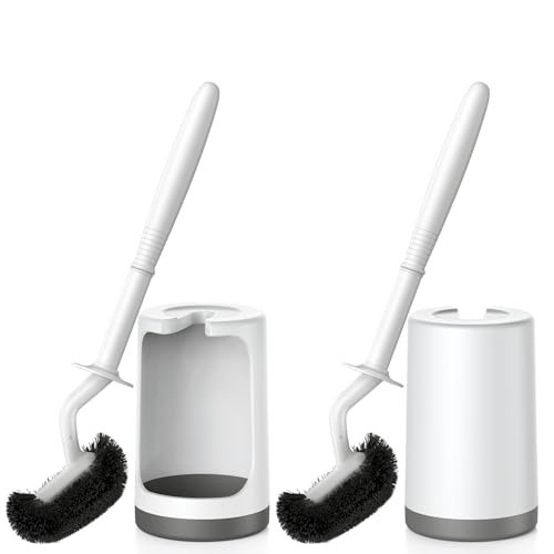 HAMITOR Toilet Bowl Brush Holder Set: Curved Design with Holder for Deep Cleaning Under Rim - Compact Hidden Scrubber for Small Space - Modern RV Bathroom Accessories - 2 Pack