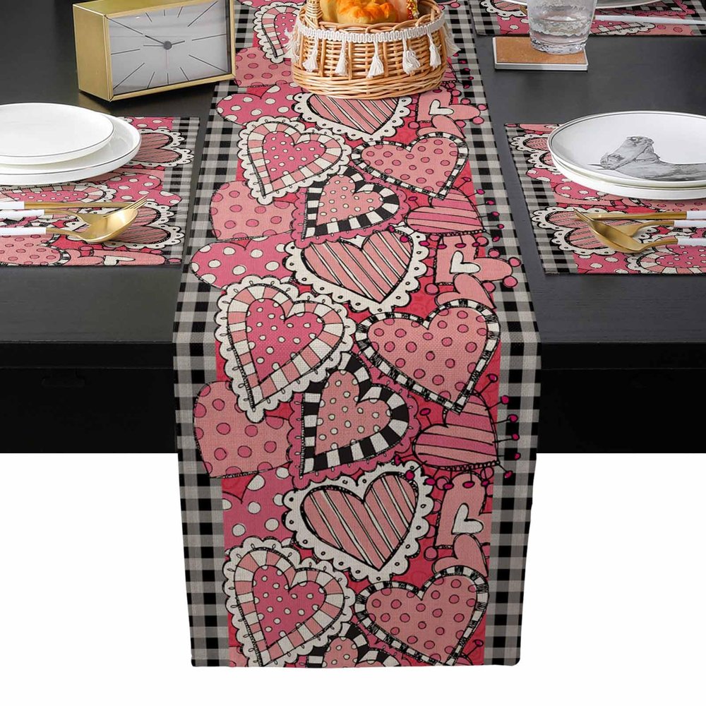 Valentine's Day Table Runner and Placemats Set of 2 Red Love Heart Black Buffalo Plaid Cotton Linen Dining Table Runner 70 Inch and Washable Table Mats 2 Pcs Kits for Home Kitchen Decor