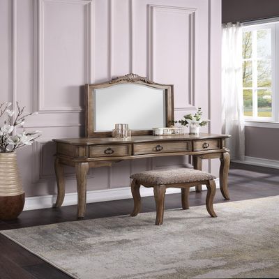 Contemporary Antique Oak Color Vanity Set w Stool Retro Style Drawers Cabriole-Tapered Legs Mirror w Floral Crown molding Bedroom Furniture