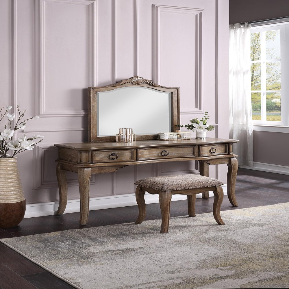 Contemporary Antique Oak Color Vanity Set w Stool Retro Style Drawers Cabriole-Tapered Legs Mirror w Floral Crown molding Bedroom Furniture