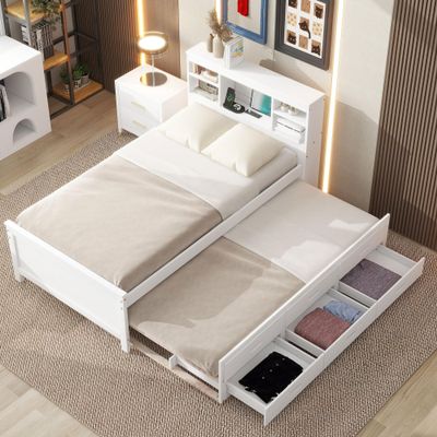 Harper & Bright Designs Twin Bed with Trundle and Drawers, Twin Storage Bed with Bookcase Headboard, USB Ports Outlets, Wood Twin Bed Frames for Kids Teens Adults, White