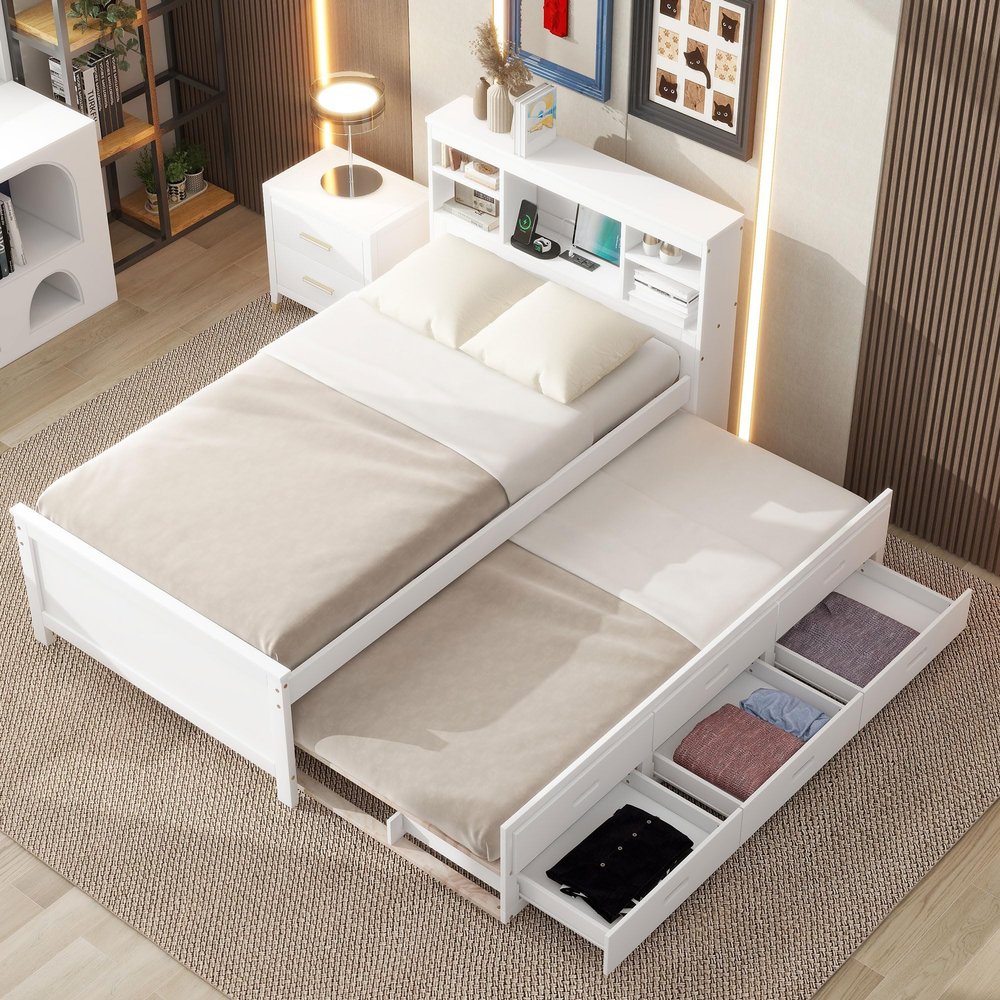 Harper & Bright Designs Twin Bed with Trundle and Drawers, Twin Storage Bed with Bookcase Headboard, USB Ports Outlets, Wood Twin Bed Frames for Kids Teens Adults, White