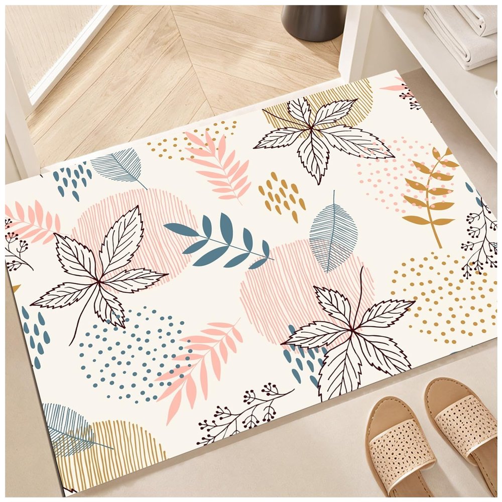 Diatomaceous Earth Bath Mat, Super Absorbent Diatomite Stone Bath Mat, Non Slip Fast Drying Shower Mat, Thin Bathroom Rugs Floor Mat Machine Washable(4x5ft/48x60in, Colorful Leaves Circles, Beige)