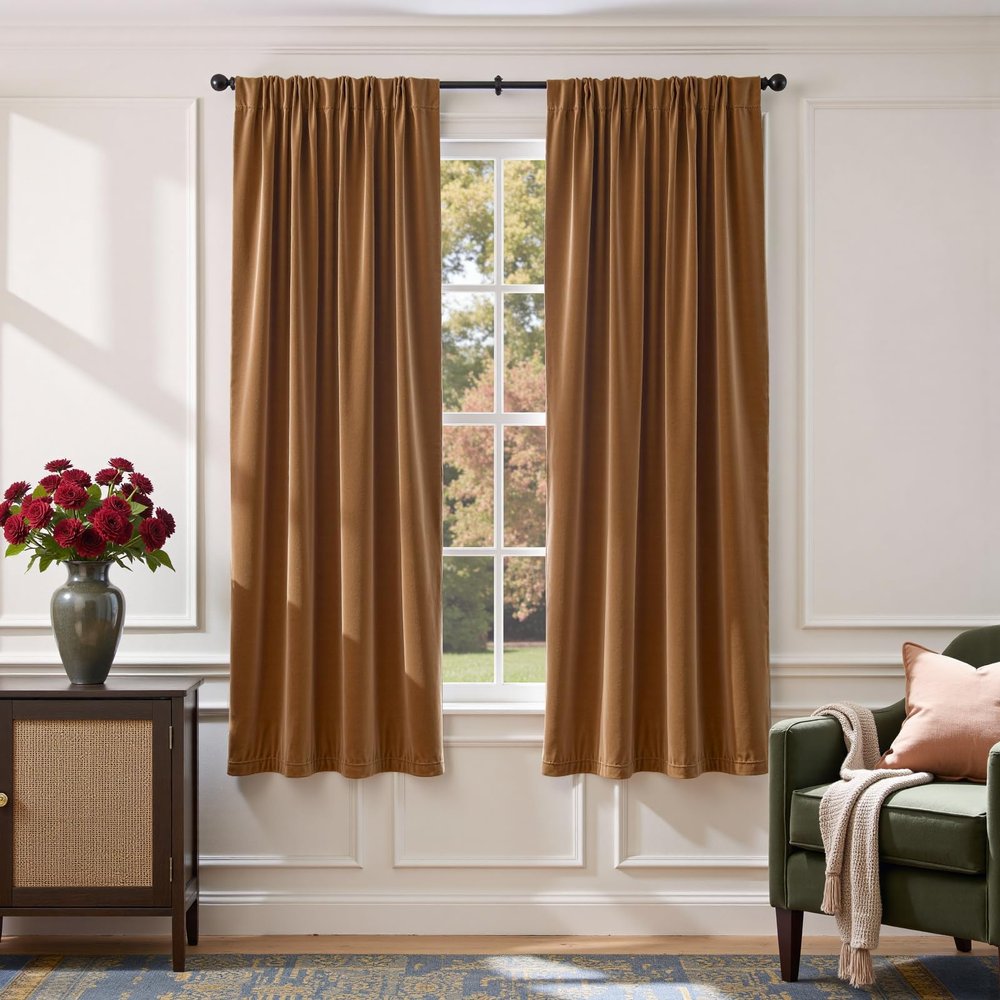 Lazzzy Velvet Blackout Curtains Thermal Insulated Room Window Drapes Super Soft Luxury Curtains for Living Room Bedroom Rod Pocket 2 Panels, Gold Brown, 52" W x 72" L