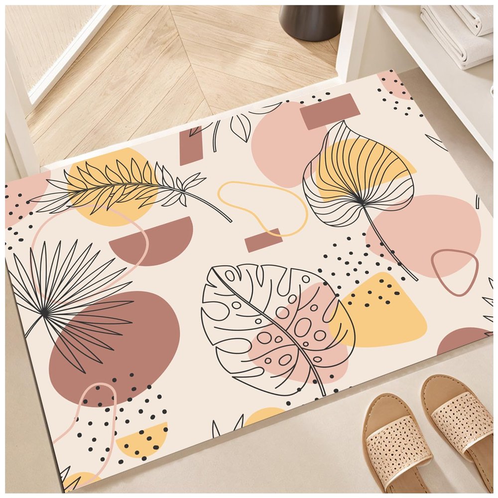 Diatomaceous Earth Bath Mat, Soft Diatomite Stone Bath Mat Large Non-Slip Super Absorbent Fast Drying Shower Mat Thin Washable Bathroom Rugs Floor Mat 4x6ft/48x72in/120x180cm(Multi Leaves, Beige)