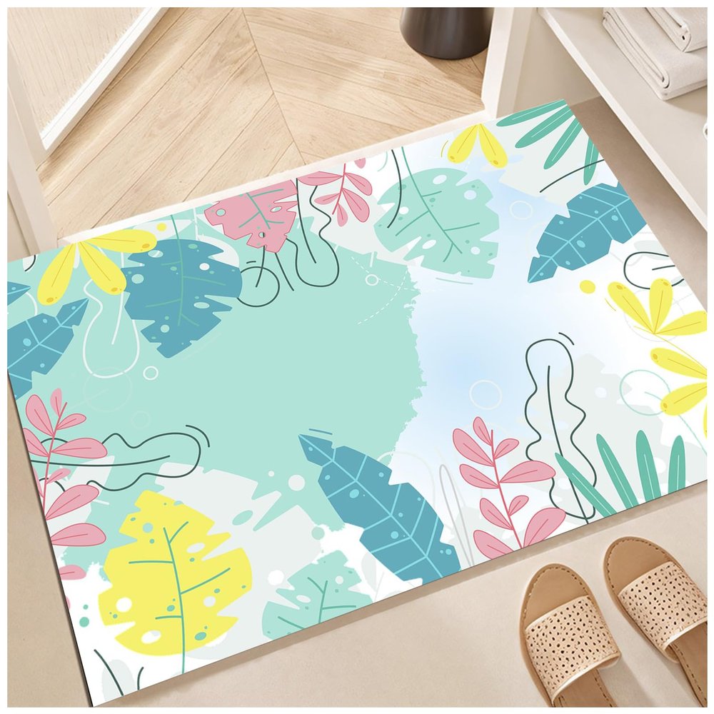 Diatomaceous Bath Mat 1.5x2.5ft/18x30in/45x75cm Fast Drying Non Slip Large Diatomite Shower Mat, Super Absorbent Shower Mat Thin Bathroom Rugs Floor Mat (Abstract Colorful Leaves, Pink/Green/Yellow)