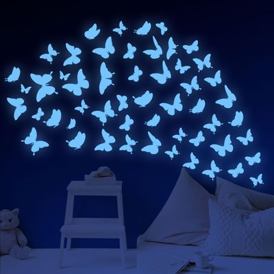 Glow in The Dark Butterfly Wall Decals Glowing Butterfly Wall Stickers Stars for Ceiling Blue Luminous Wall Decals for Kids Bedroom Living Room Decor