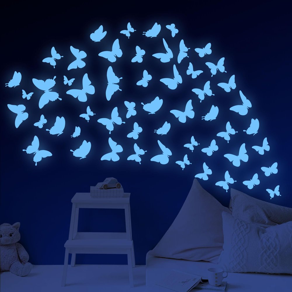 Glow in The Dark Butterfly Wall Decals Glowing Butterfly Wall Stickers Stars for Ceiling Blue Luminous Wall Decals for Kids Bedroom Living Room Decor