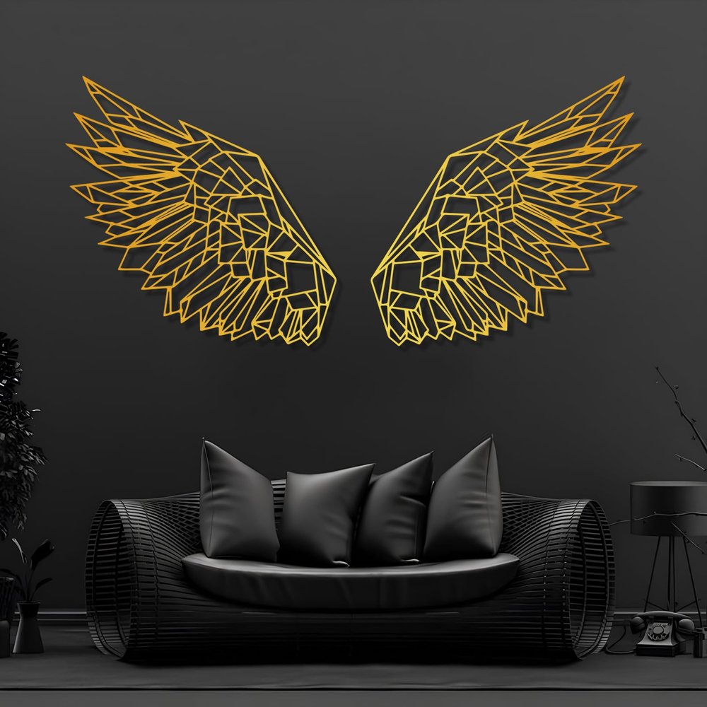 Angel Wings Metal Wall Art, Angel Wings Metal Wall Decor, Large Angel Wings Wall Sculpture, Geometric Angel Wings Wall Decor, Metal Wall Decor For Living Room, Wall Art Bedroom (39"x39"|100x100cm(each piece), Gold)