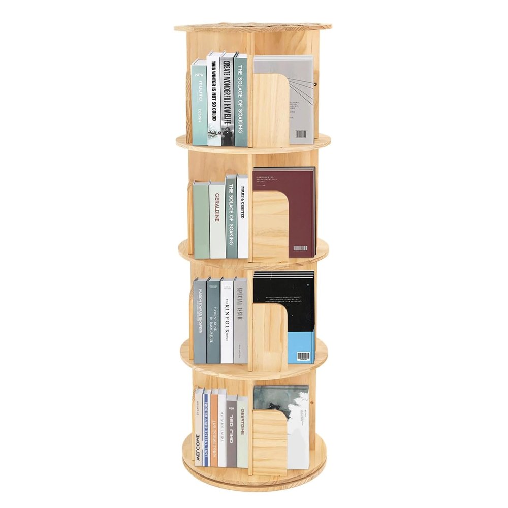 BKEKM Rotating Bookshelf 4-Layer Standing Bookcase Pine Wood Multi-Layer Bookshelves for Home Office Floor Standing Book Shelf