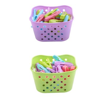 BE-TOOL 60 Pcs Windproof Clip with Basket Portable Clip for Greeting Card Small Clothes Pegs for Socks Towels Underwear Clothespin (Purple+Green)