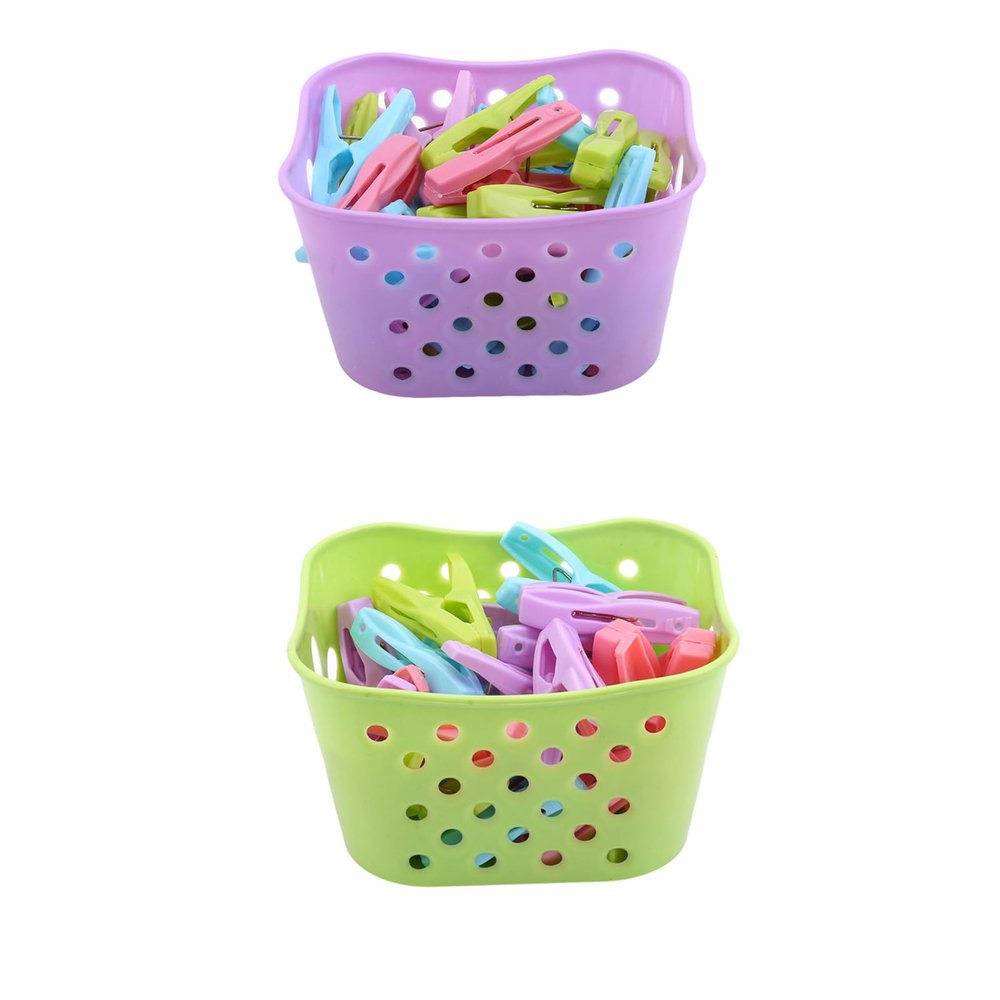 BE-TOOL 60 Pcs Windproof Clip with Basket Portable Clip for Greeting Card Small Clothes Pegs for Socks Towels Underwear Clothespin (Purple+Green)