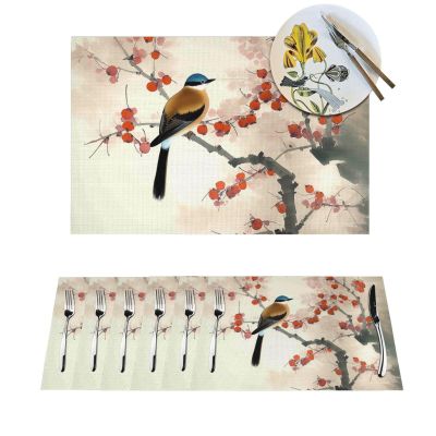 1 PVC Placemats Set Place Mats Bird Plum Leaf Painting Non-Slip Weave Place Mats 12" x 18" Farmhouse Table Mat Set for Family Dinners Wedding Parties