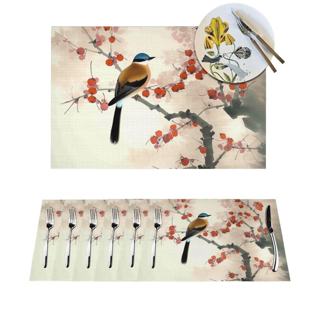 1 PVC Placemats Set Place Mats Bird Plum Leaf Painting Non-Slip Weave Place Mats 12" x 18" Farmhouse Table Mat Set for Family Dinners Wedding Parties