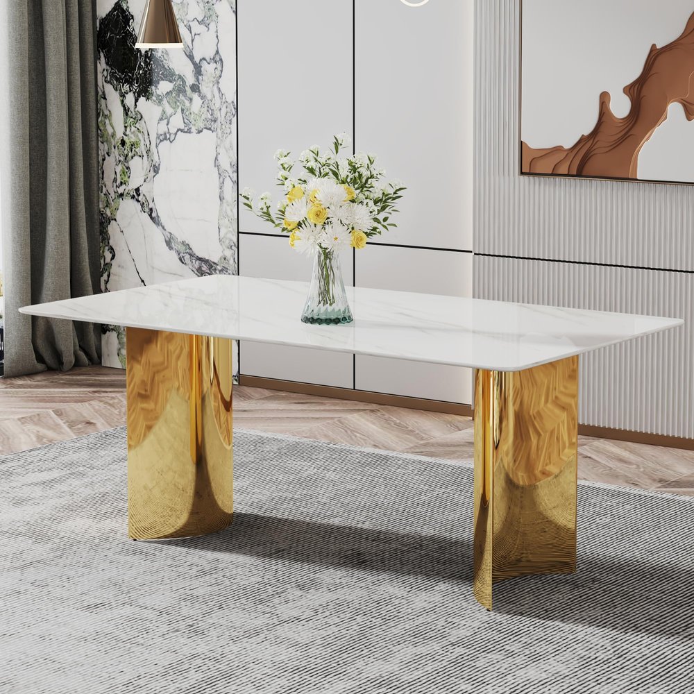 Modern Dining Table for 8,White Marble Dining Table with Golden Stainless Steel Base,71'' Gold Dining Table Ideal for Kitchen Dining Room