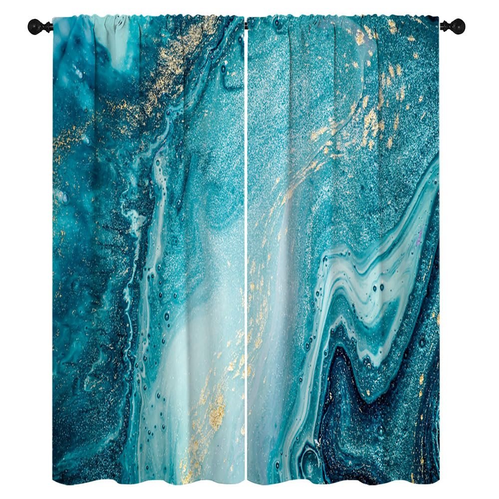 Abstract Marble Window Treatment Curtains for Girls Boy Home Decor Blue Green Jade Texture Gold Stripes Ombre Rod Pocket Decorative Drapes for Bedroom Living Room W42 x L45 Inch