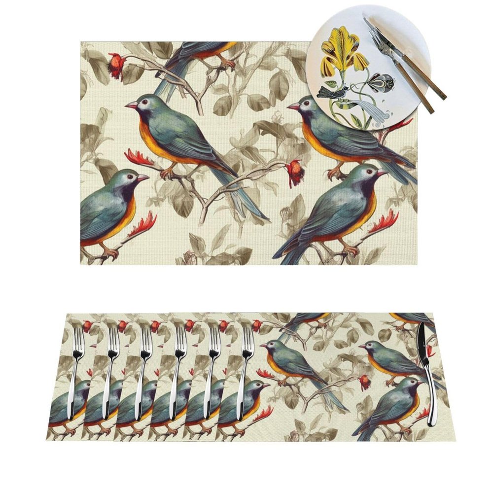 1 PVC Placemats Set Place Mats Birds Vintage Art Non-Slip Weave Place Mats 12" x 18" Farmhouse Table Mat Set for Family Dinners Wedding Parties
