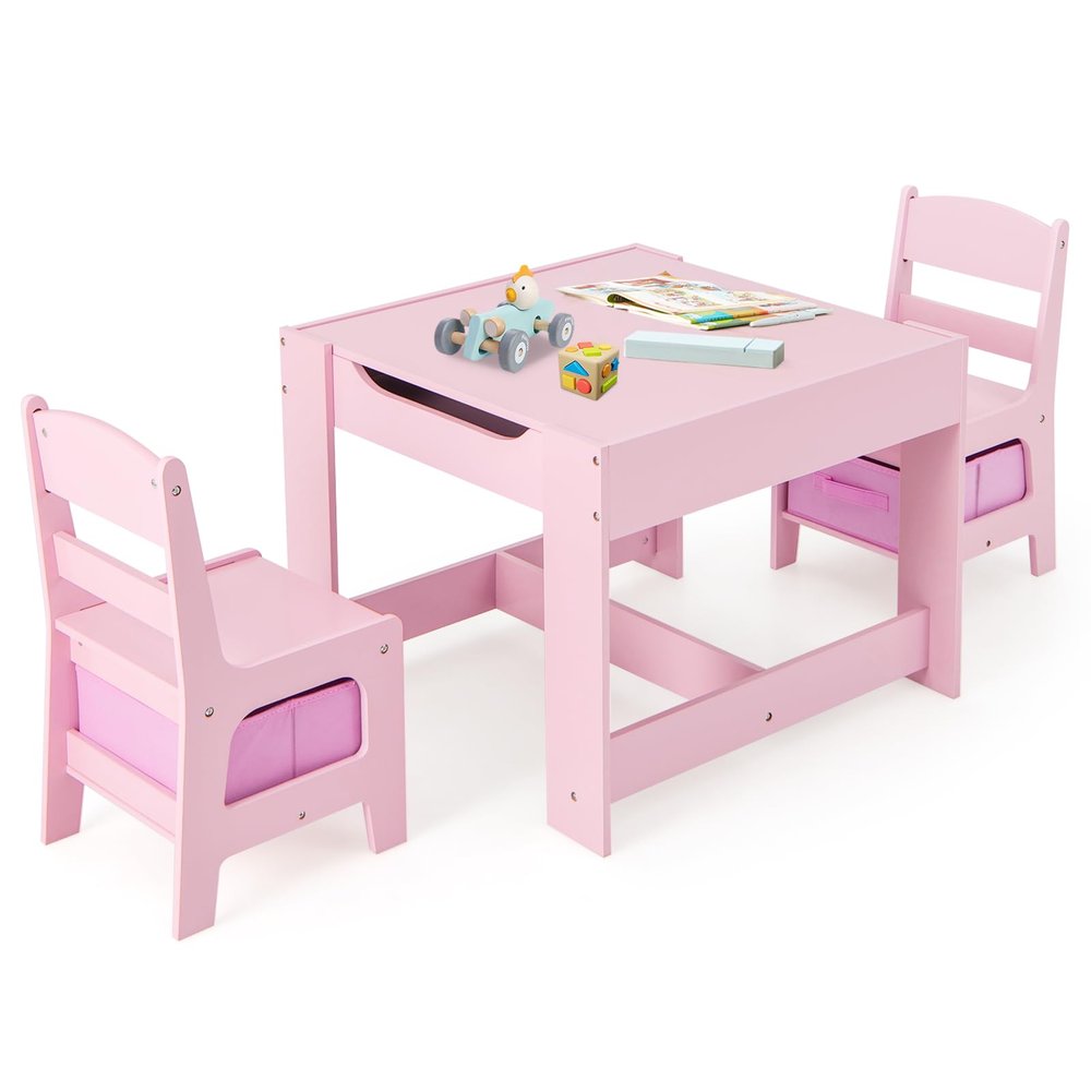 Olakids Kids Table and Chair Set, 3 in 1 Wood Children Desk Set with Removable Blackboard, Storage Drawer, Toddlers Activity Table Furniture for Art Crafts Drawing Reading Playroom (Pink)
