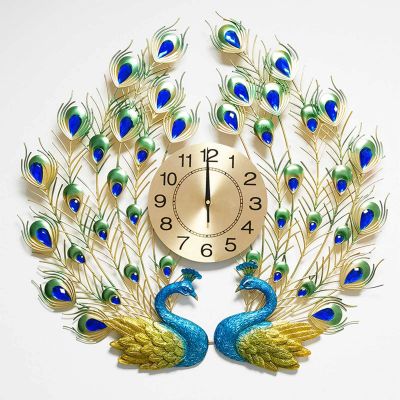TUUWAI Wall Clock 3D Peacock Design Non Ticking Metal Modern Silent for Living Room Decor Crystal Diamond Mute Wall Clock Art Decor Home Decor