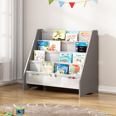 SEIRIONE Sturdy Kids Bookshelf,4-Tier Book Shelf for Kids Room with Tear-Proof Oxford Fabric-Nursery Room Playroom Classroom,Deep Slings to Keep Books Upright,Ideal Height for Toddler Age 3+, Grey