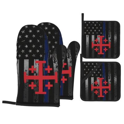 Jerusalem Catholic Cross Premium Heat Resistant Oven Mitts Pot Holders Baking 4-Piece Set