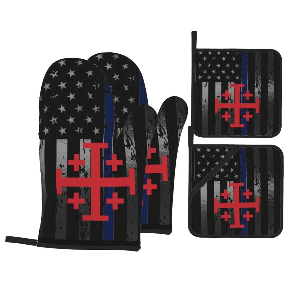 Jerusalem Catholic Cross Premium Heat Resistant Oven Mitts Pot Holders Baking 4-Piece Set