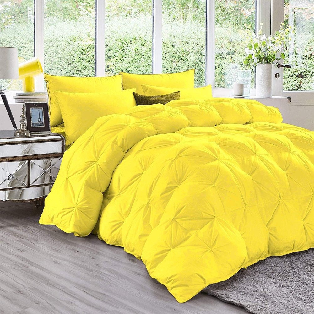AveHomes 3pcs Cotton Pinch Pleated Comforter Size Grand King 106x106 All Season 500 GSM 600 TC Solid Yellow Comforter