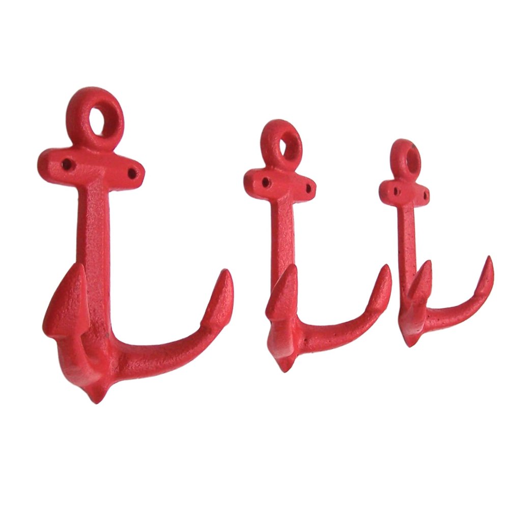 Wowser Nautical Cast Iron Ship Anchor Wall Hooks, 6 Inches, Set of 3 (Red)
