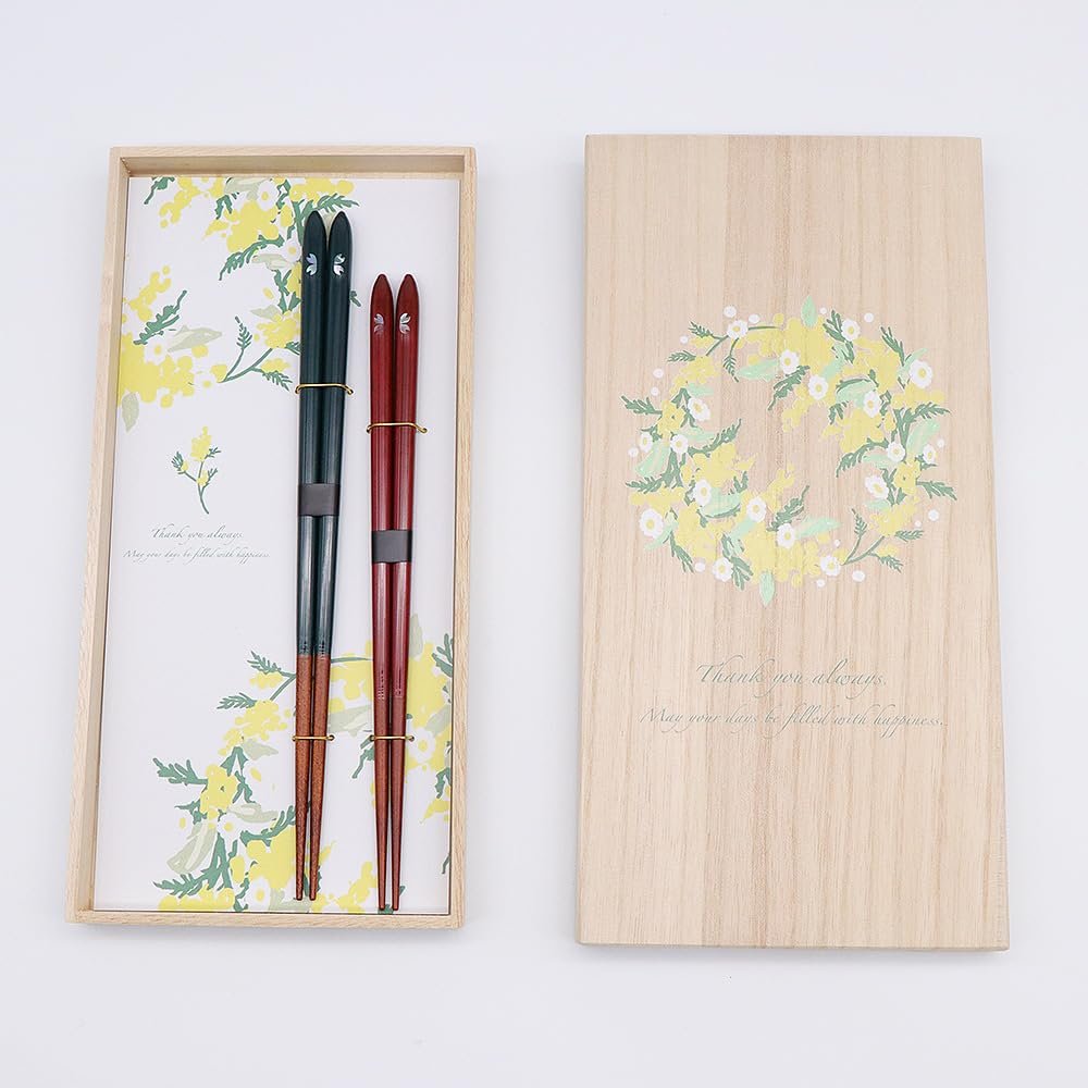 Hyozaemon Chopsticks Mimosa Wreath "Moon Drop Cherry blossoms" (Dishwasher-safe Chopstcks x2 in wood box), Made in Japan