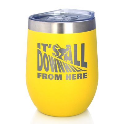 Bevvee Downhill From Here - Wine Tumbler Glass with Sliding Lid - Stainless Steel Travel Mug - Fun Skiing Gifts and Decor for Skiers - Yellow